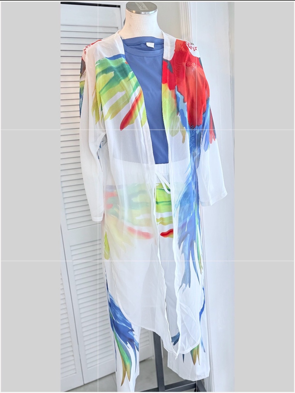 White Sheer Longline Shirt Jacket & loose pants with Multicolor Feather Print